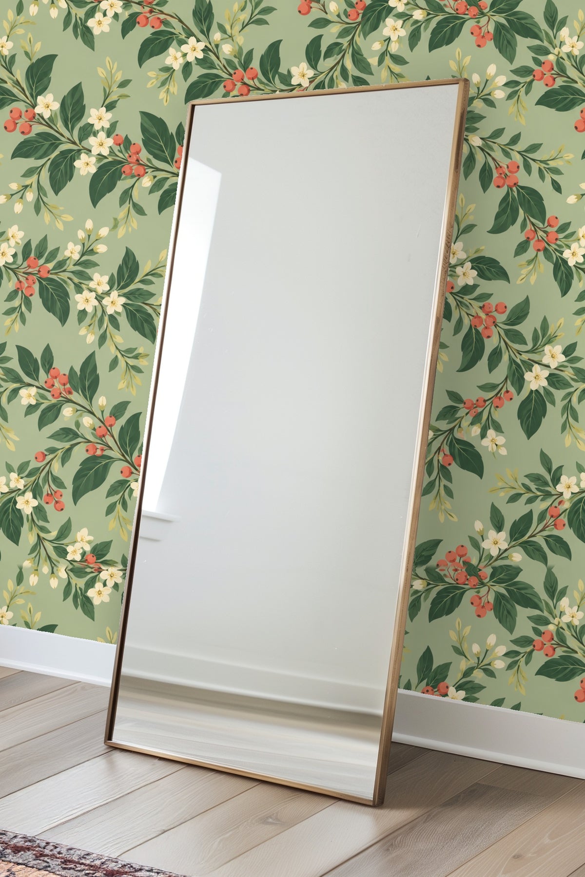 Close-up shot of floral and berry pattern with green leaves on Cottageberry Garland wallpaper