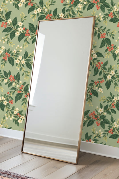 Close-up shot of floral and berry pattern with green leaves on Cottageberry Garland wallpaper