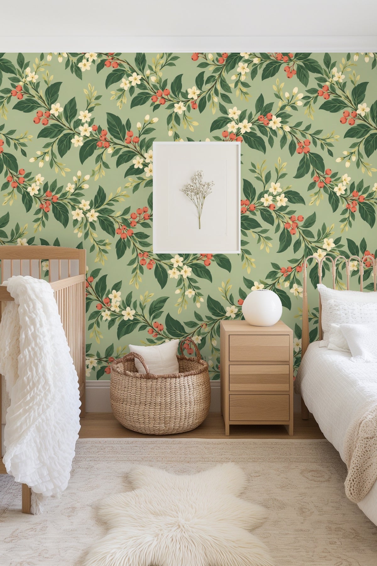 Room accent featuring the subtle gloss and texture of botanical wallpaper