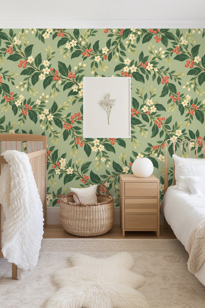 Room accent featuring the subtle gloss and texture of botanical wallpaper