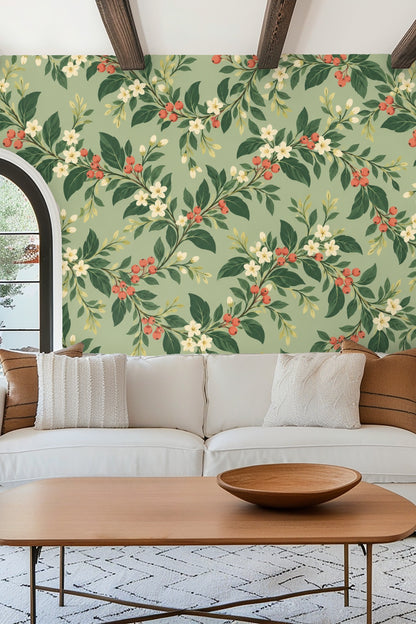 Cottageberry Garland wallpaper detail with soft green and muted coral colors