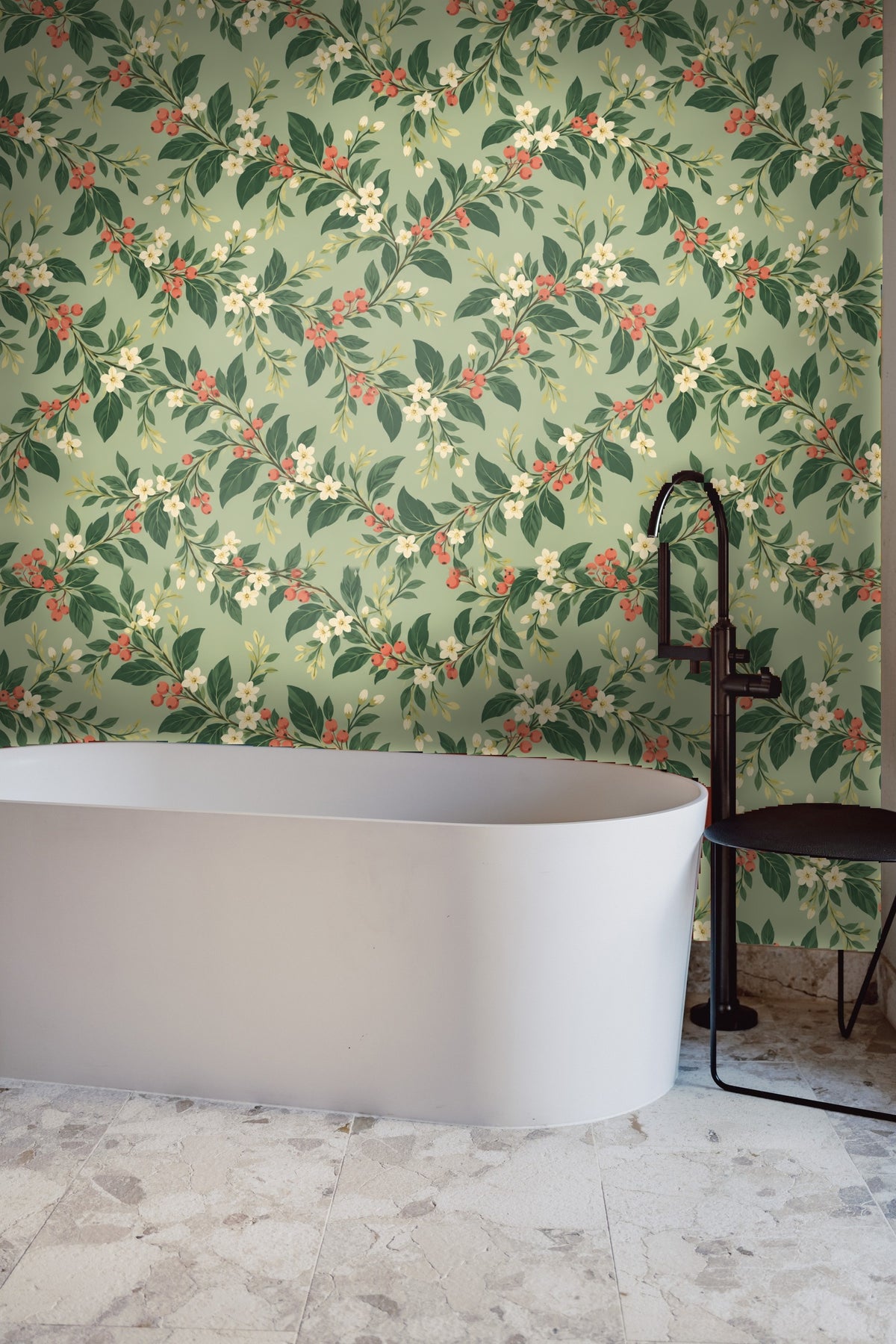 Artistic depiction of botanical branches with coral berries on wallpaper