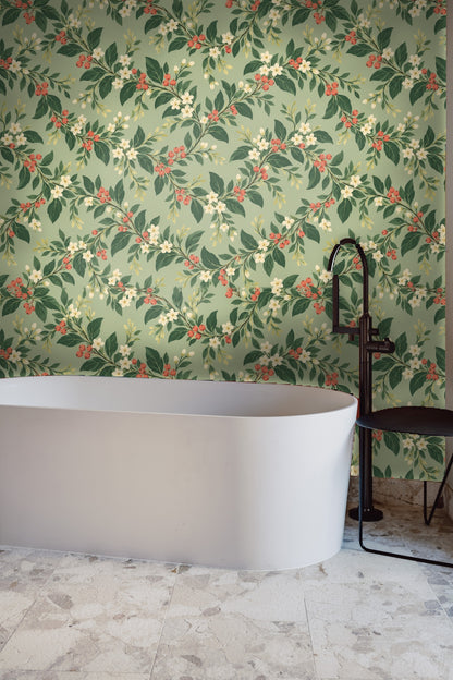 Artistic depiction of botanical branches with coral berries on wallpaper