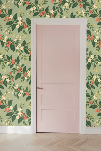 Pattern repeat detail of the vintage-inspired floral wallpaper