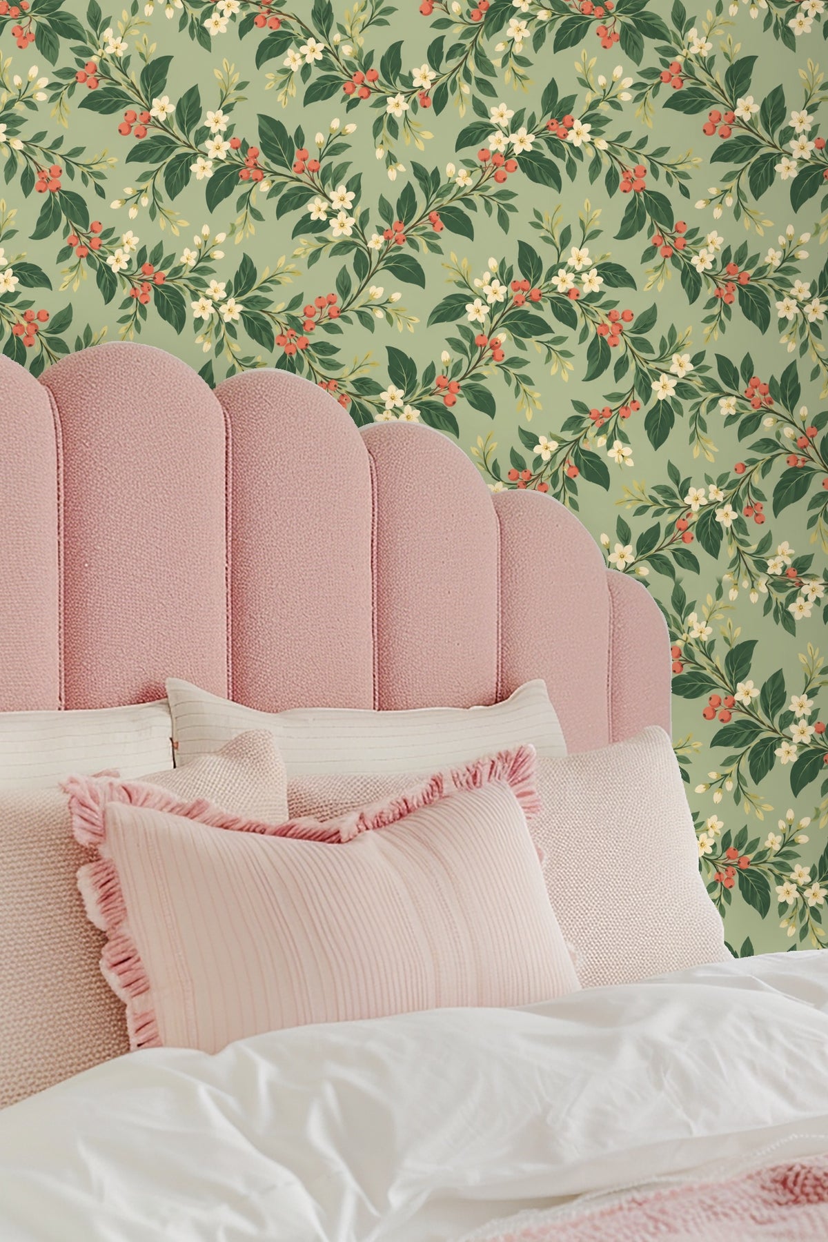 Wallpaper surface textured with organic leaf and blossom motifs