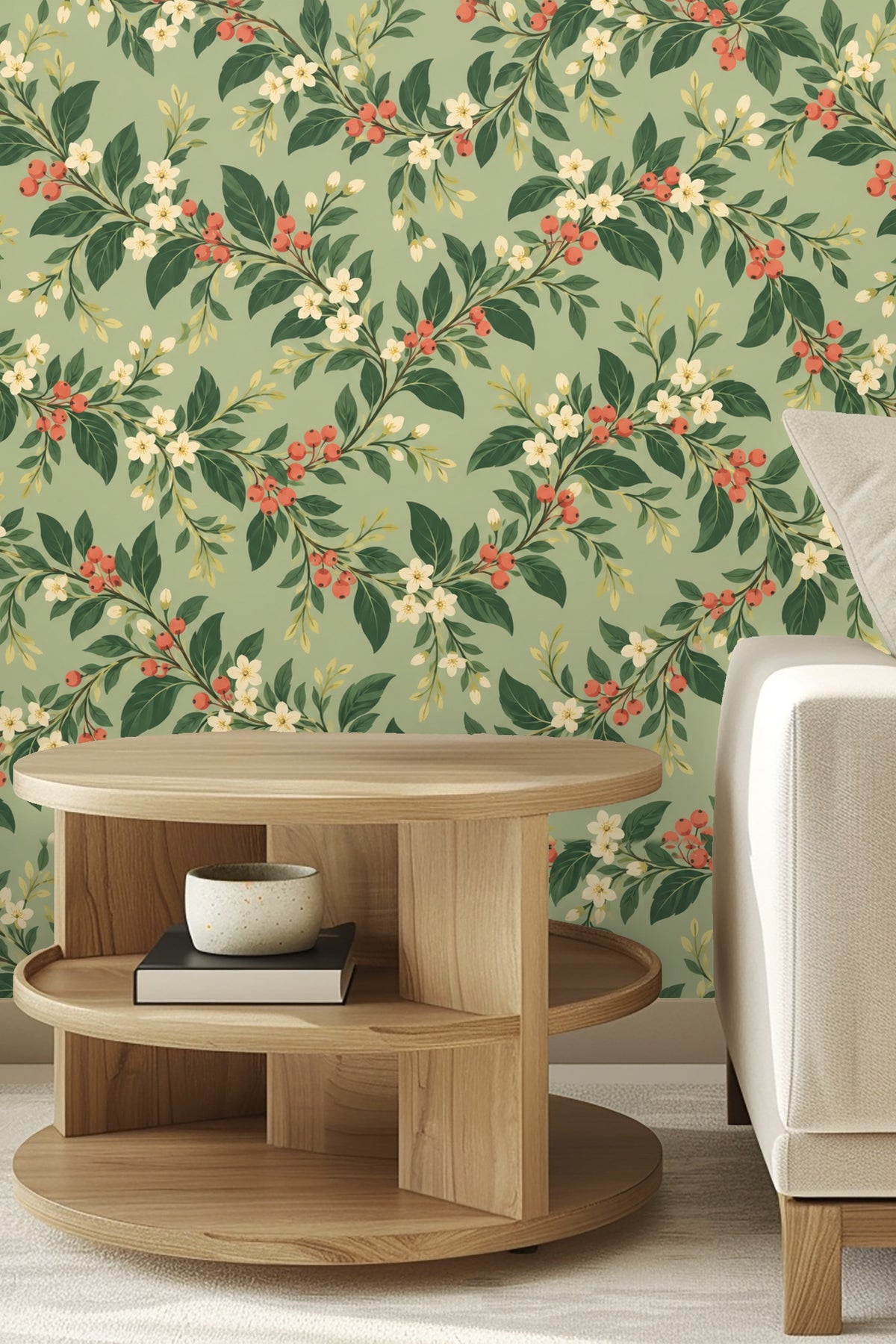 Detailed view of Cottageberry Garland wallpaper with white flowers and coral berries on sage green background