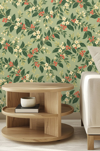 Detailed view of Cottageberry Garland wallpaper with white flowers and coral berries on sage green background