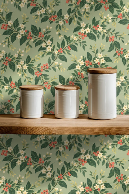 Side view of room showing natural wood furniture and botanical wallpaper pattern