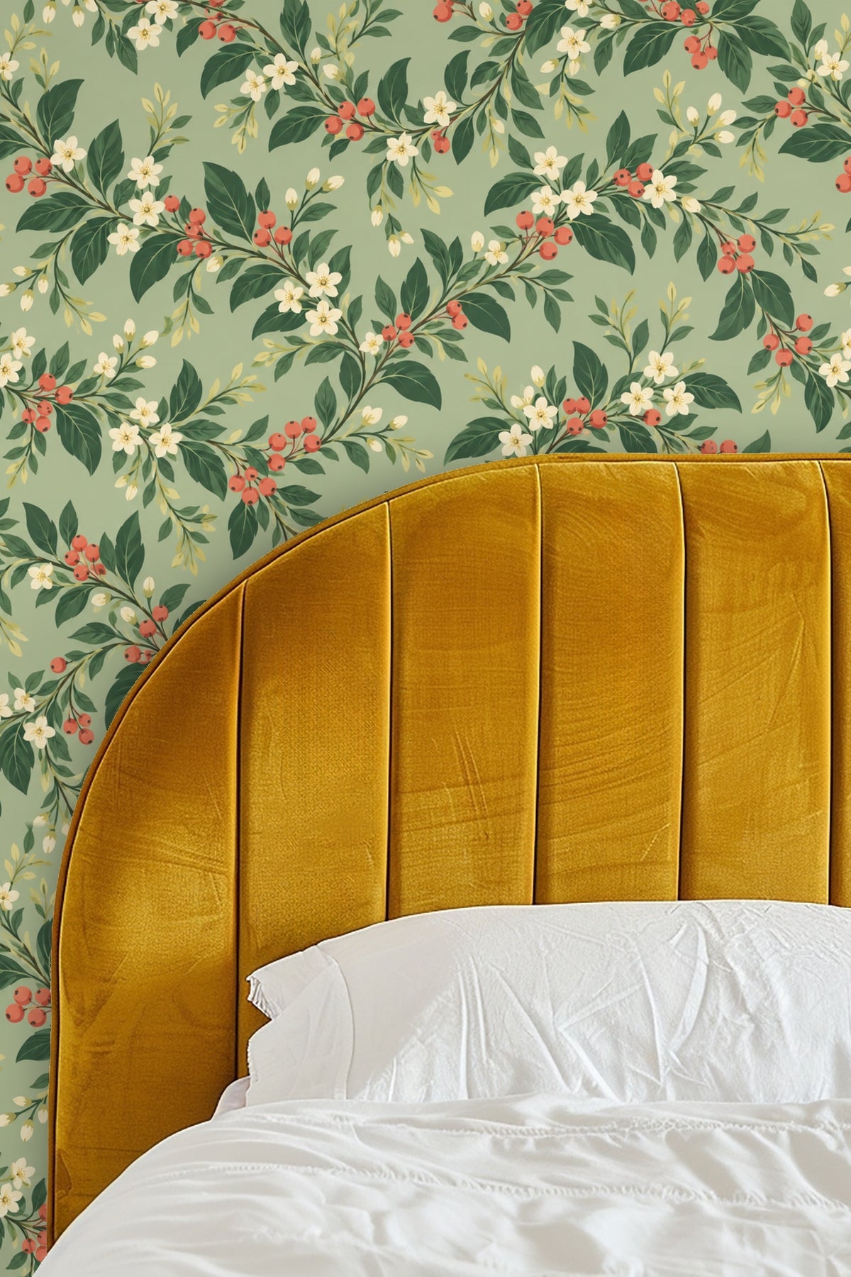 Living room corner with Cottageberry Garland wallpaper behind a round wooden side table and cream sofa