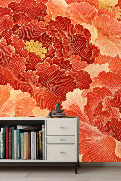 Sample swatch of peony pattern wallpaper with graphic botanical lines