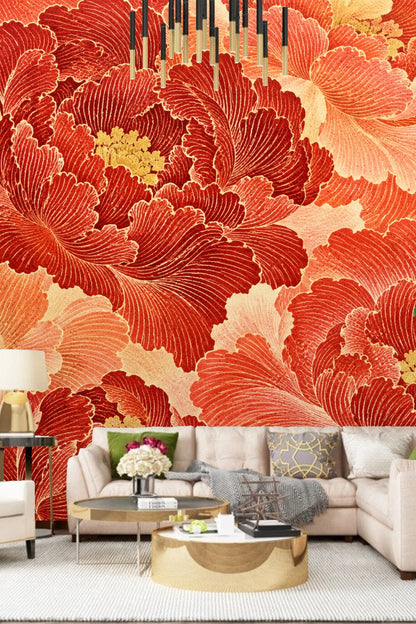 Bedroom wall covered in vibrant red coral floral wallpaper with natural wood furniture