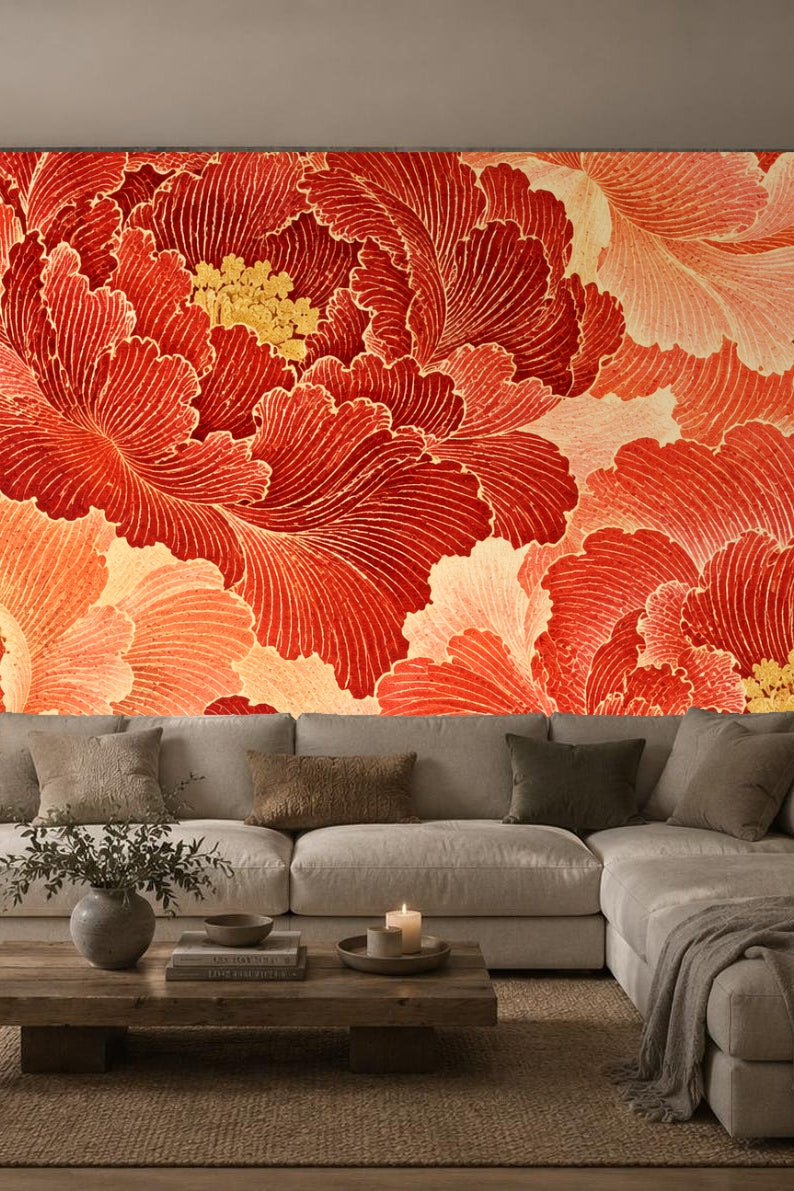 Decorative floral wallpaper in warm reds and corals shown in a cozy room setting