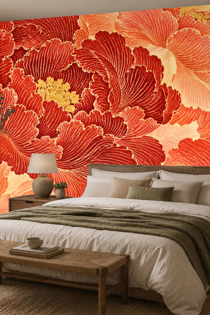 Textured detail of layered petals in cinnabar hues on wallpaper mural