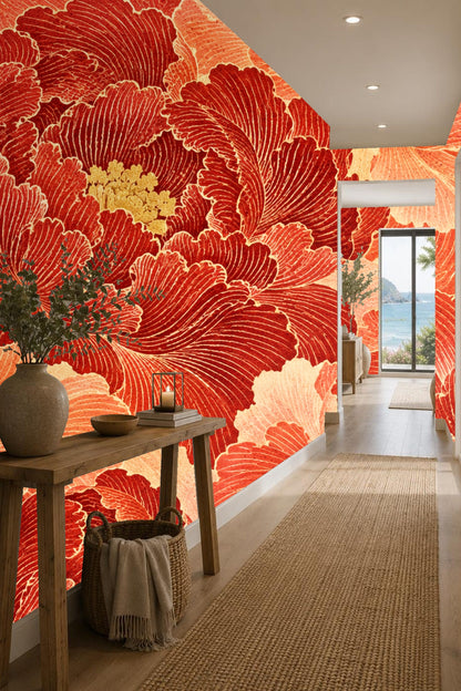 Living area featuring statement cinnabar floral wallpaper behind modern seating