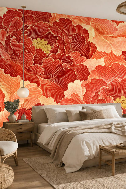 Detailed close-up of cinnabar red and coral peony-inspired floral wallpaper
