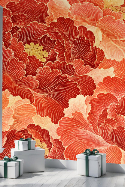 Installation detail of wallpaper edge with large red coral floral design