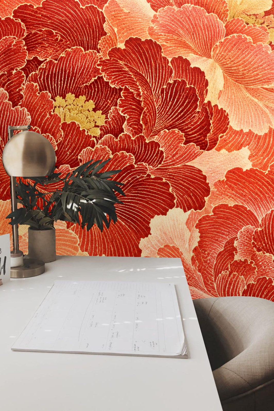Close-up petal texture of richly colored red and coral peony wallpaper