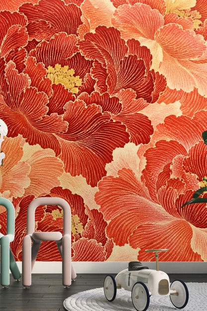 Wall panel sample showing layered red and coral peony petals with fine line art detail