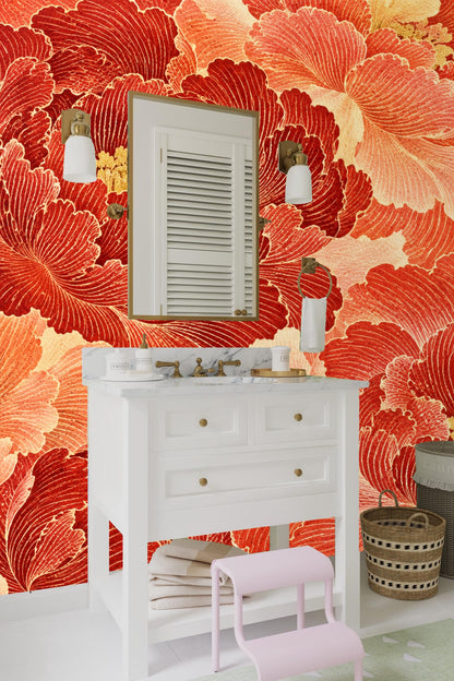 Partial view of bedroom with floral wallpaper emphasizing large-scale peony blooms