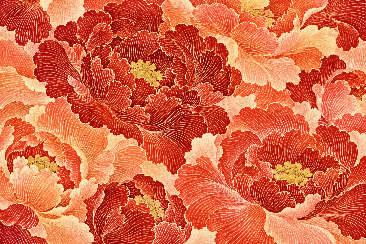 Artistic wallpaper print of botanical blooms in vivid cinnabar and coral shades