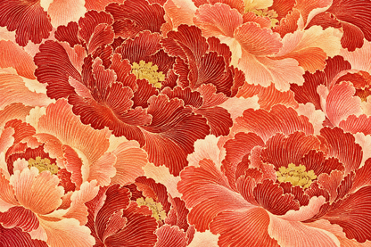 Artistic wallpaper print of botanical blooms in vivid cinnabar and coral shades