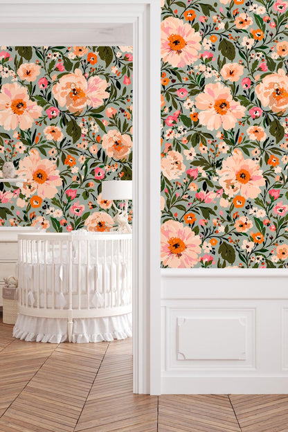 Wall covered in dense floral wallpaper showing contrast between flowers and background