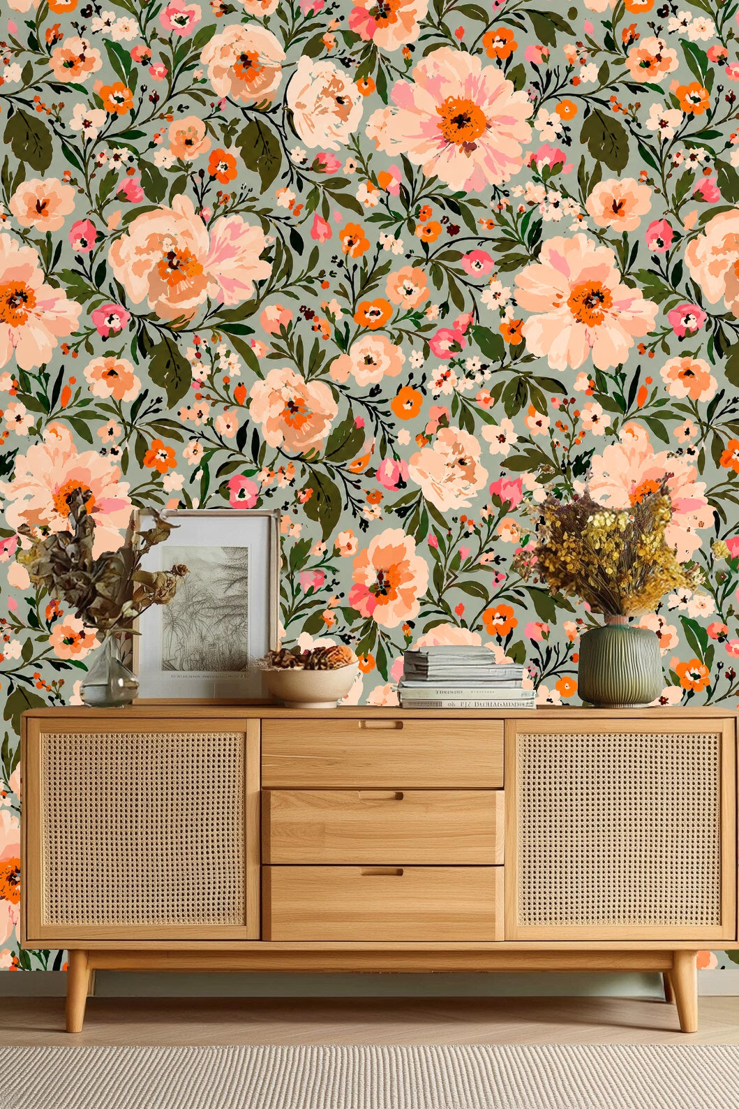Vintage inspired floral wallpaper with delicate botanical elements