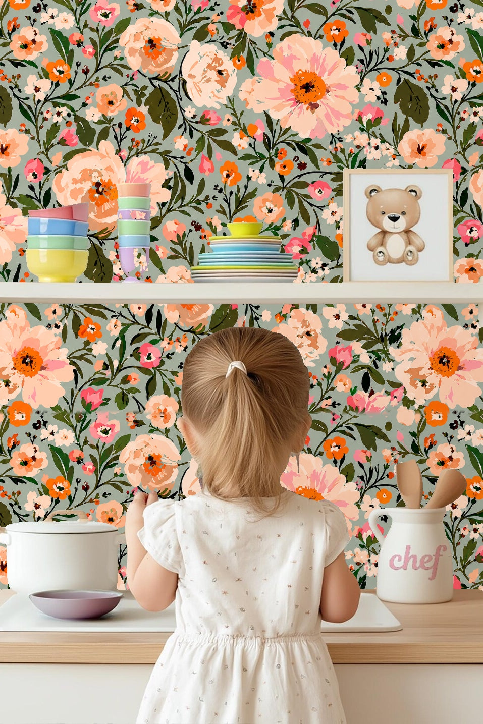 Flower buds and leaves detail in wallpaper pattern