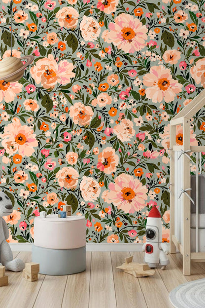 Section of floral wallpaper showing a variety of small and large blossoms
