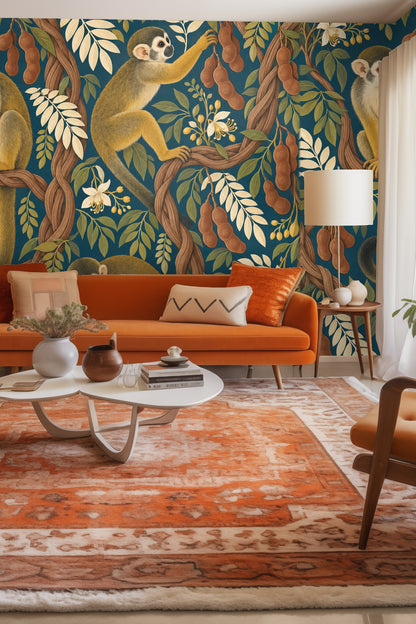 Wallpaper artwork showing detailed squirrel monkeys perched on twisted tamarind vines with leaves and pods on a teal background