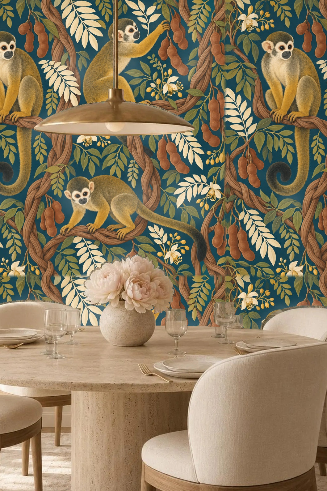 Portion of wallpaper showing naturalistic leaves in olive and cream colors