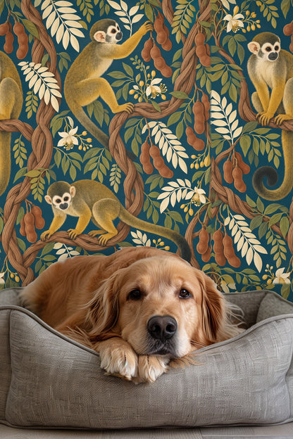 Monkeys climbing and sitting along twisting vines in lush botanical wallpaper design