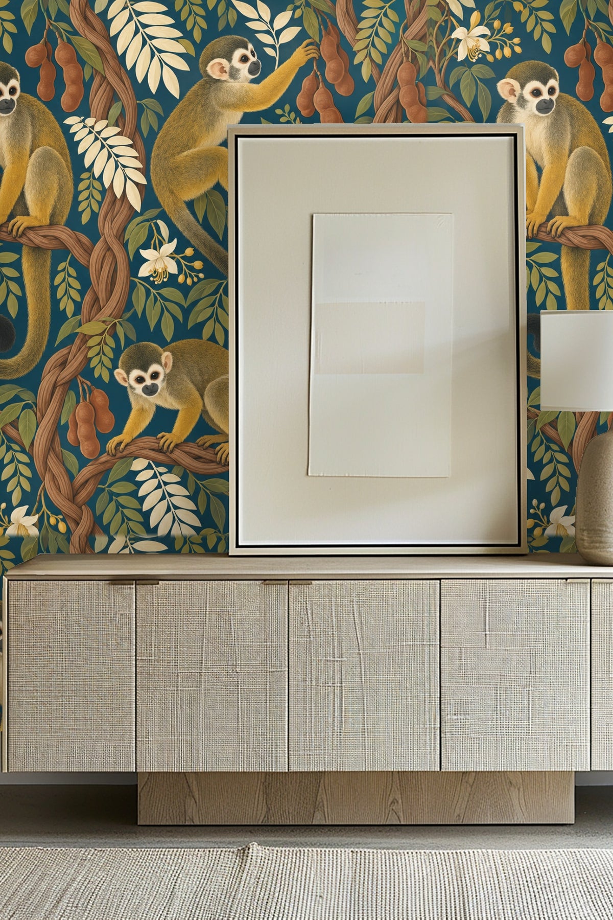 Detail of tamarind pods and white blossoms on deep teal wallpaper background