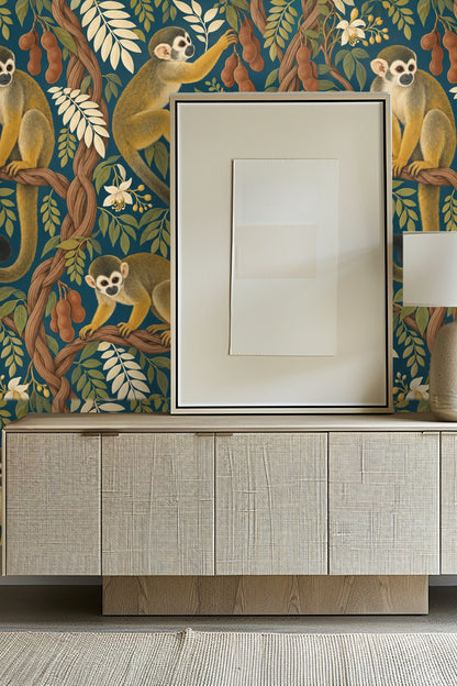 Detail of tamarind pods and white blossoms on deep teal wallpaper background