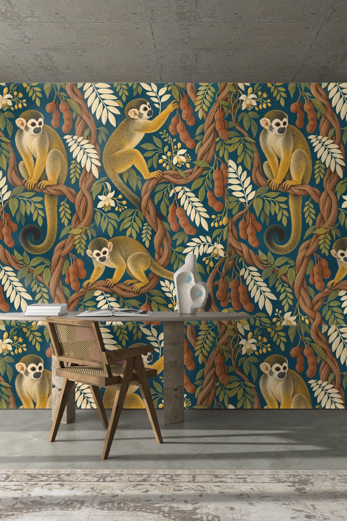 Texture detail of illustrated monkey fur and botanical elements