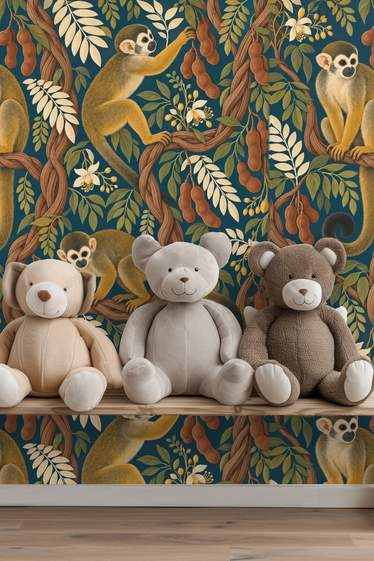 Scene of multiple squirrel monkeys against boldly colored stylized botanical backdrop