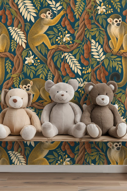 Scene of multiple squirrel monkeys against boldly colored stylized botanical backdrop