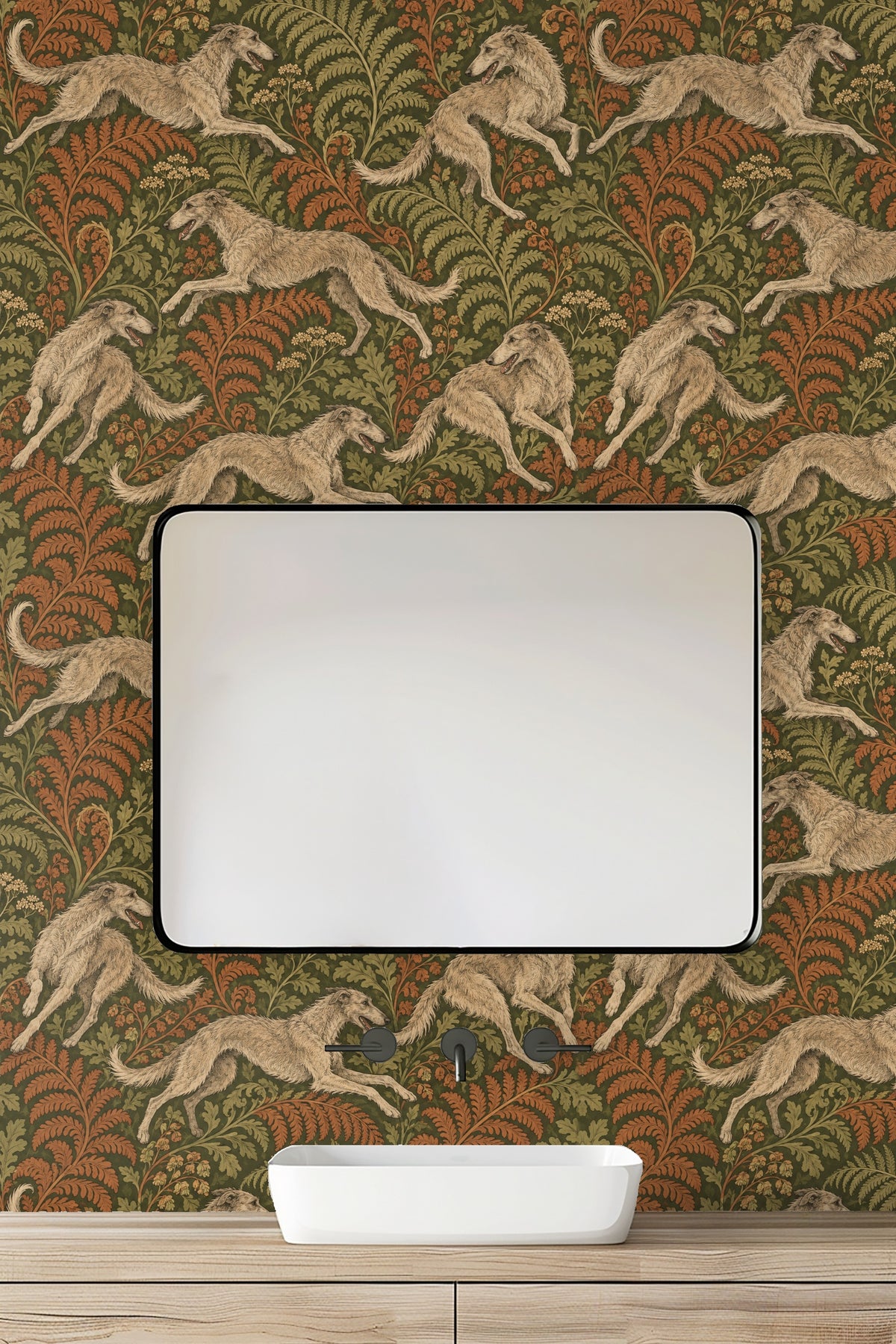 Side view of greyhound in mid-leap painted on wallpaper with detailed fur shading.