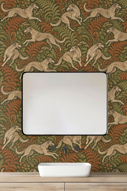 Side view of greyhound in mid-leap painted on wallpaper with detailed fur shading.