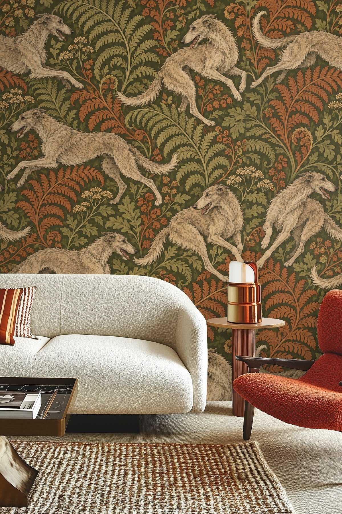 Living room setting with Woodland Whippet Chase wallpaper, neutral sofa, wooden coffee table, and woven rug.