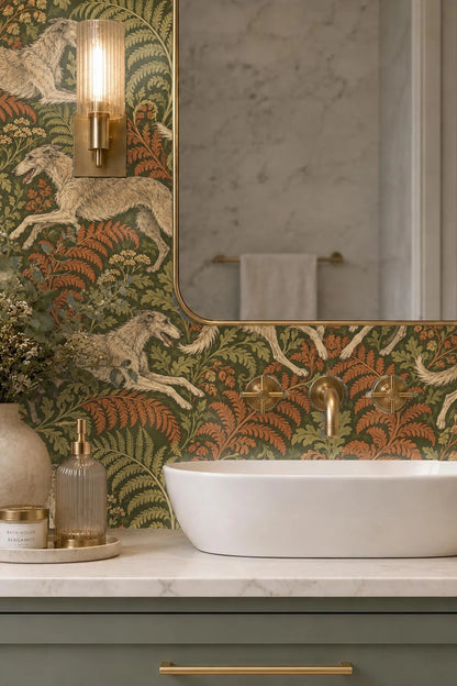 Full repeat pattern showing multiple borzoi dogs in motion mingled with fern and leaf motifs