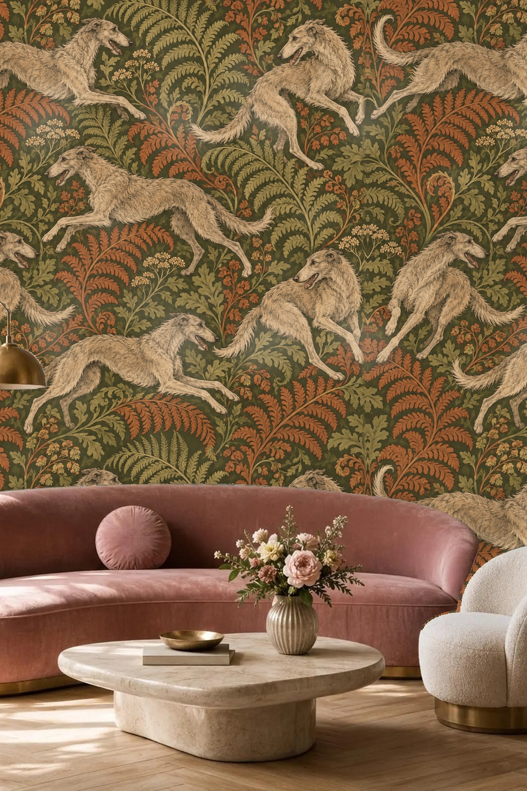 Decorated living room entryway with Borzoi Fern Dance wallpaper behind a light wood cabinet and modern framed art