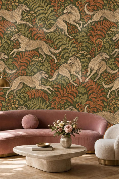 Decorated living room entryway with Borzoi Fern Dance wallpaper behind a light wood cabinet and modern framed art