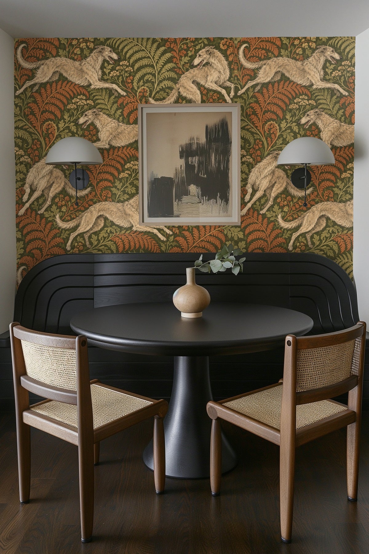 Wide view of wallpaper applied in a room with modern furnishings and warm earth tones