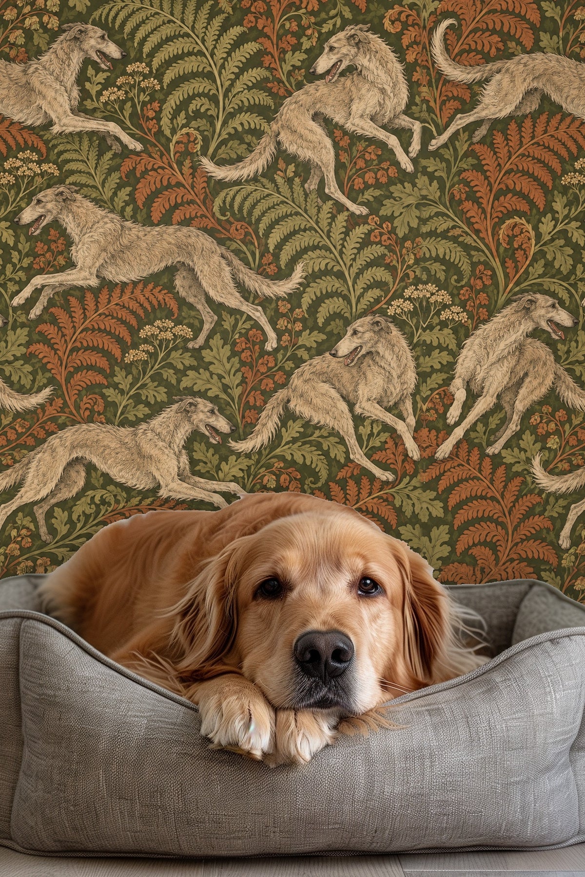 Cluster of rust and green stylized leaves mixed with small cream flowers on wallpaper.