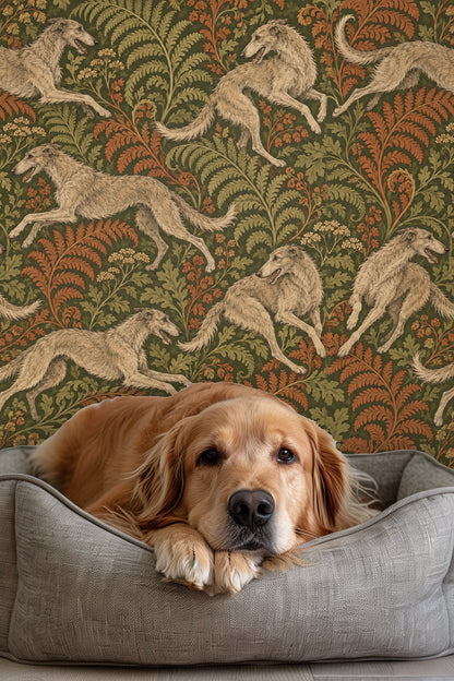 Cluster of rust and green stylized leaves mixed with small cream flowers on wallpaper.