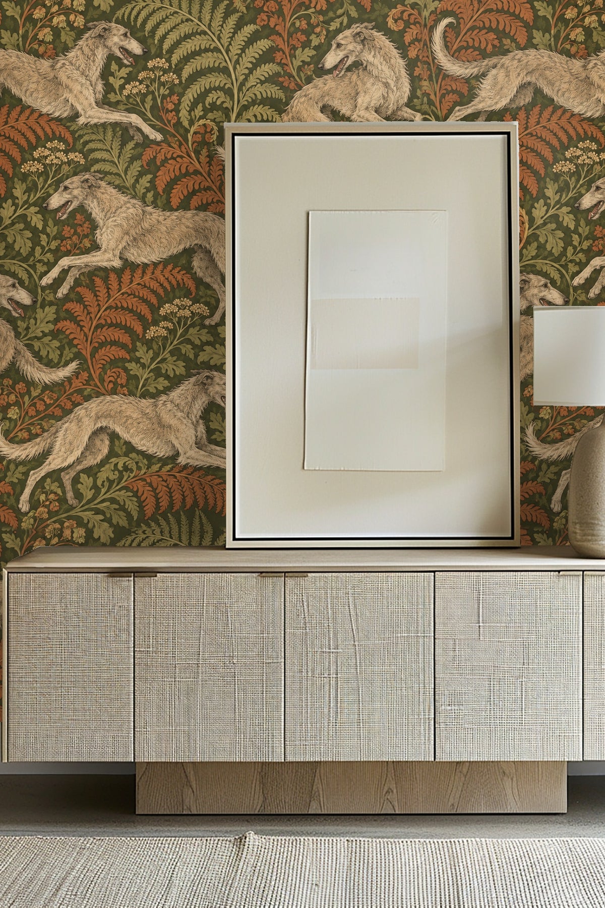 Close-up of Borzoi Fern Dance wallpaper artwork showing running borzoi dogs and fern leaves in green and rust tones