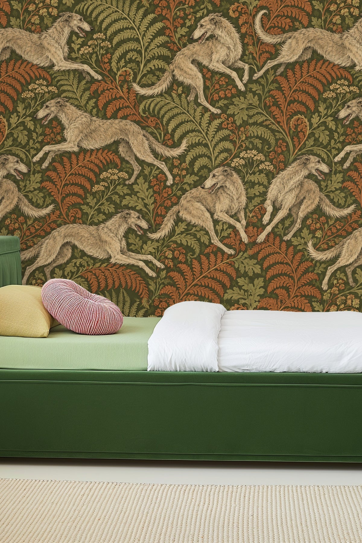 Wallpaper scene highlighting movement and energy of the greyhounds against the botanical backdrop.