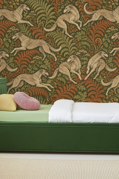 Wallpaper scene highlighting movement and energy of the greyhounds against the botanical backdrop.