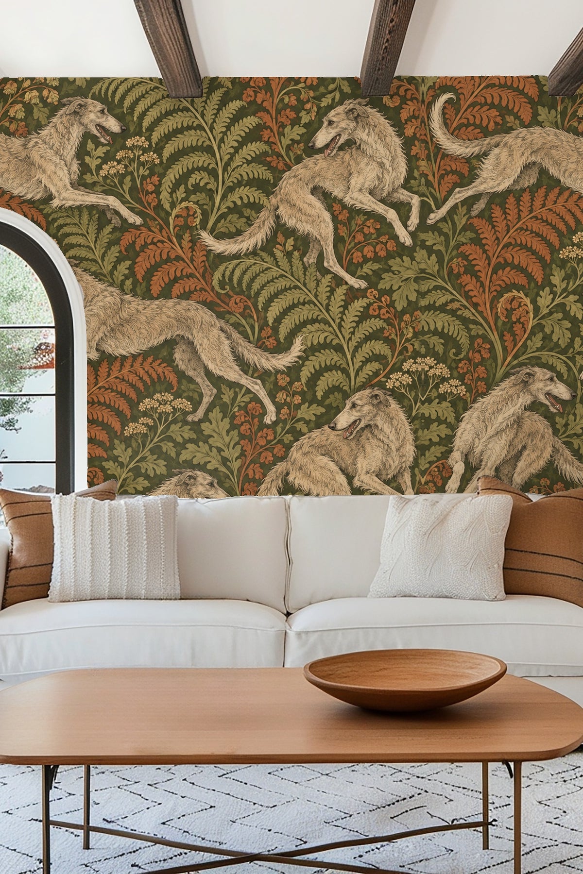 Section of wallpaper near molding with seamless repeating pattern of dogs and ferns.